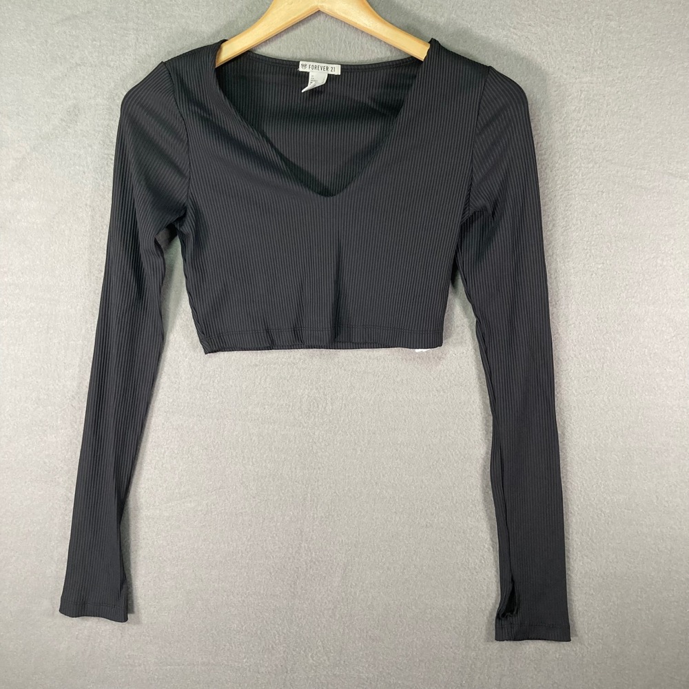 Forever 21 Women's Ribbed Long Sleeve Crop Top Gray Size Large Stretch V-Neck‎